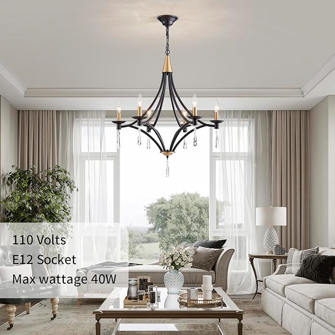Modern Crystal Chandelier, 6-Lights Black and Gold Farmhouse Chandeliers for Dining Room Light Fixtures Hanging, Modern Black Pendant Light for Bedroom Foyer Living Room Kitchen Island Entryway Office