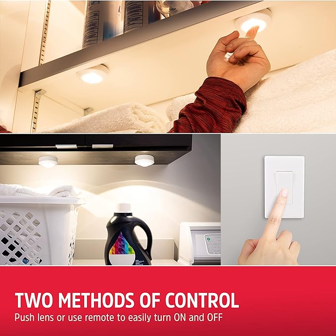 Energizer LED Puck Lights, Wall Switch Remote, 2 Pack, Battery Operated, Under Cabinet Lighting, Wireless Lights, 50 ft Range, Perfect for Kitchen Under Cabinet, Laundry Room, and More, 58822-T1