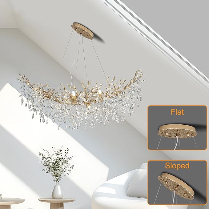 Modern Crystal Tree Branches Chandelier, 40in Gold 10 Lights Large Ceiling Hanging Light for Dining Room, Arc Raindrop Pendant Light Fixture