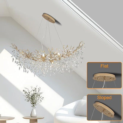Modern Crystal Tree Branches Chandelier, 40in Gold 10 Lights Large Ceiling Hanging Light for Dining Room, Arc Raindrop Pendant Light Fixture