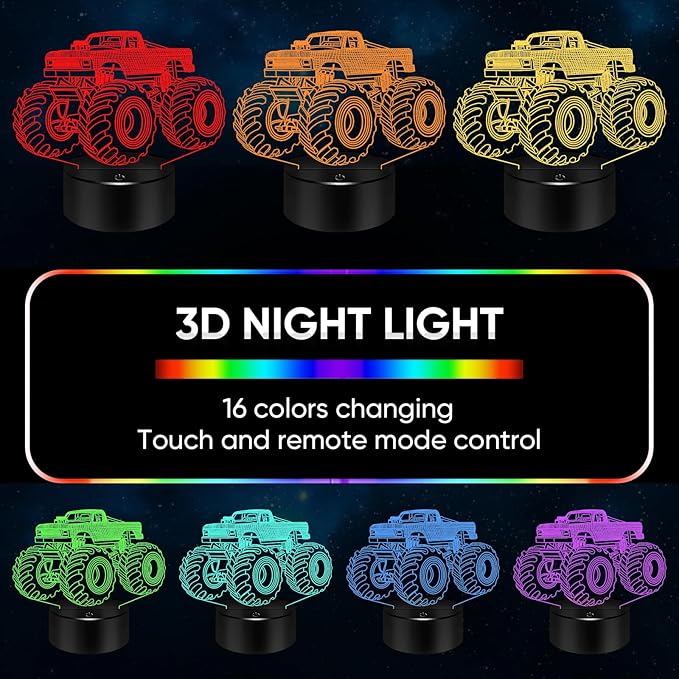 BASSI Monster Trucks Night Light for Boys, 3D LED Optical Illusion Lamp with Remote Control, 16 Colors Change Perfect Birthday Party Decor Idea for Boys, Kids, and Teens