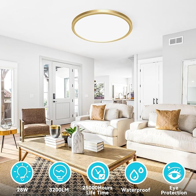 libtit 12 Inch LED Ceiling Light Golden, 28W 3200lm Aureate Flush Mount Ceiling Light, 3 Color Temperature 3000K/4500K/6000K, Gilded Round Flat Light Fixture for Kitchen Bathroom Shower, 2Pack