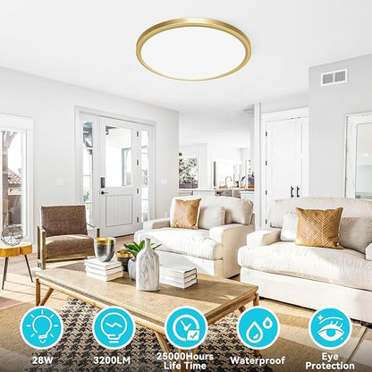 libtit 12 Inch LED Ceiling Light Golden, 28W 3200lm Aureate Flush Mount Ceiling Light, 3 Color Temperature 3000K/4500K/6000K, Gilded Round Flat Light Fixture for Kitchen Bathroom Shower, 2Pack