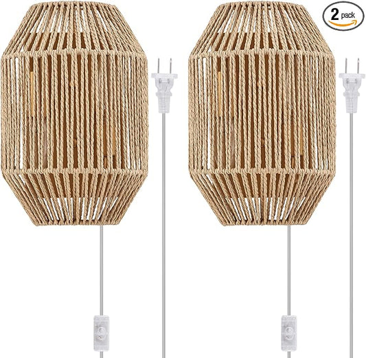 Natural Rattan Plug-in Wall Sconce Set of 2, with Boho Woven Wicker Shade Antique Brass Brush Paint Finish for Vanity Stairway Fireplace Living Room Bedside Passway Hallway