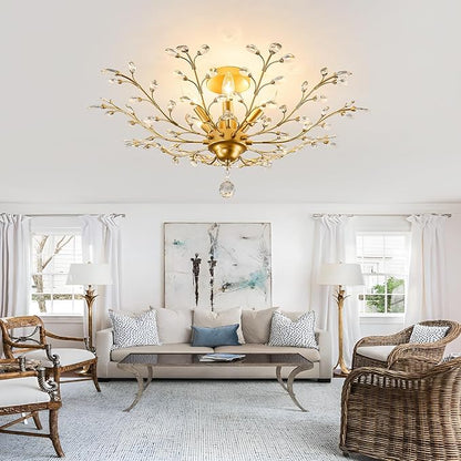 CVKASH 5-Light Vintage Small Crystal Chandelier Modern Brushed Gold Branche Ceiling Light Fixture Farmhouse for Kitchen Dining Room Living Room Bedroom Hallway Foyer