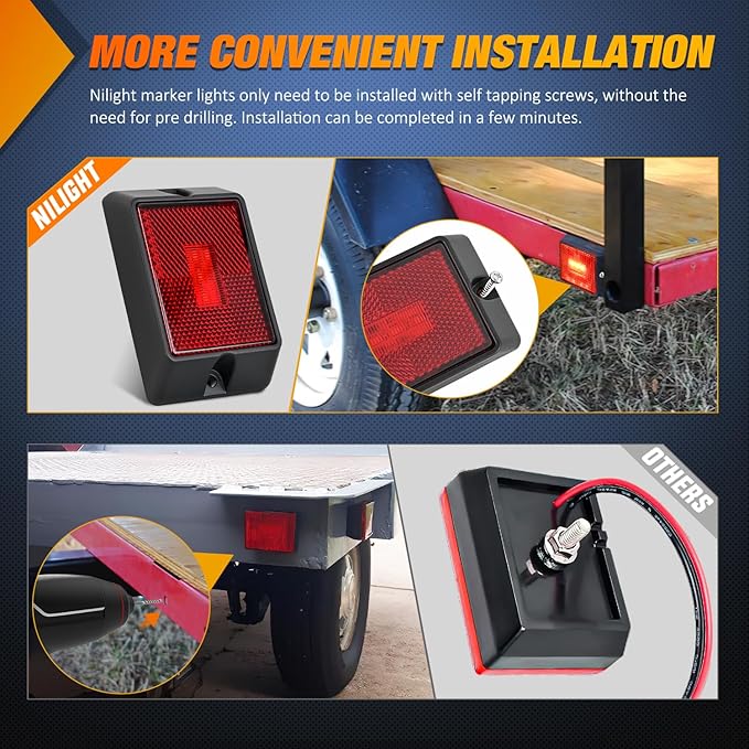 Nilight Side Marker Light 4PCS Square 3LED Red Amber Front Rear Clearance Indicator Lights Reflective Lens Surface Mounted Waterproof for 12V Truck Trailer RV Boat