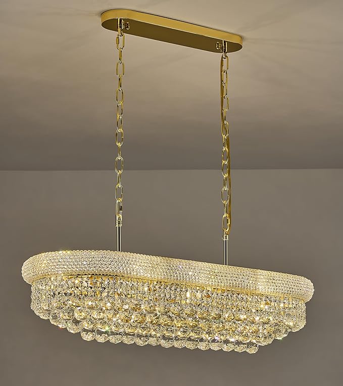 Rectangle Crystal Chandeliers for Dining Room, L36 inch Rectangular Oval Light for Kitchen Island (Gold)