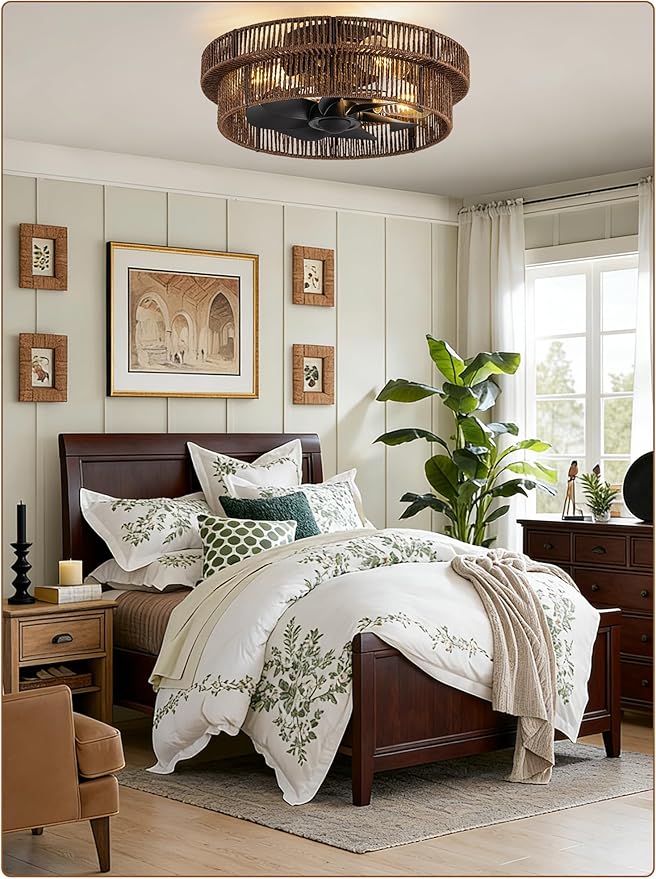 Handwoven Boho Ceiling Fans with Lights Flush Mount,Black Farmhouse Caged Fandelier Low Profile Enclosed Chandelier Fan with 6 Speeds for Bedroom,Nursery,Dining Room(Rattan Brown)