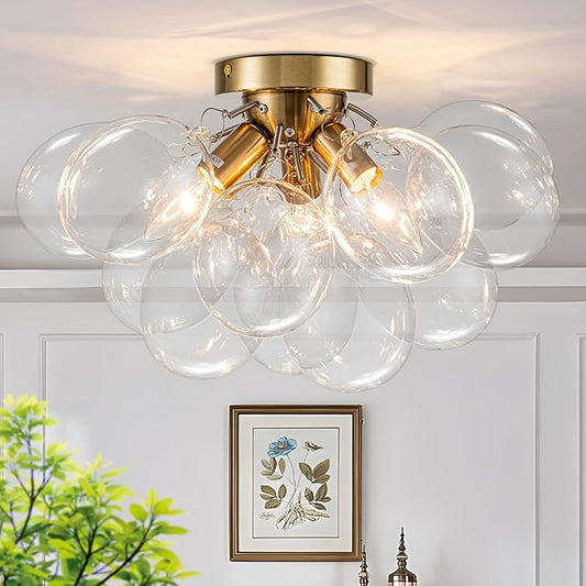 Semi Flush Mount Chandelier Gold Close to Ceiling Light Fixtures Modern Bubble Ball Glass Chandelier Mid Century Ceiling Pendant Light 17.72in 13 Globe for Bedroom Foyer Living Room Kitchen Island