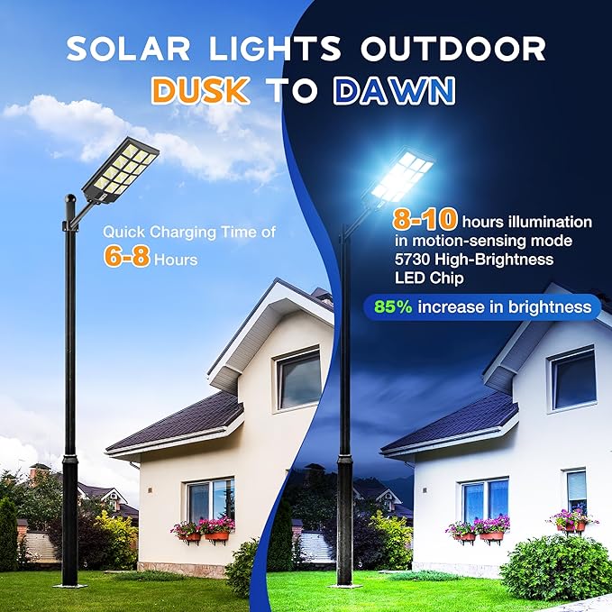 OKPRO 10000W Solar Street Light Outdoor, IP66 Waterproof Solar Lights Outdoor with Motion Sensor & Remote, Dusk to Dawn Commercial Security Lighting for Parking Lot, Yard, Farm, Driveway