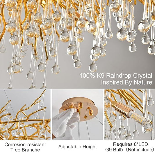 Crystal Chandeliers for Dining Room, 24inch Modern Gold Chandelier, 8-Light Round Tree Branch Chandelier, Raindrop Ceiling Pendant Hanging Light Fixtures for Living Room, Bedroom, Kitchen Island