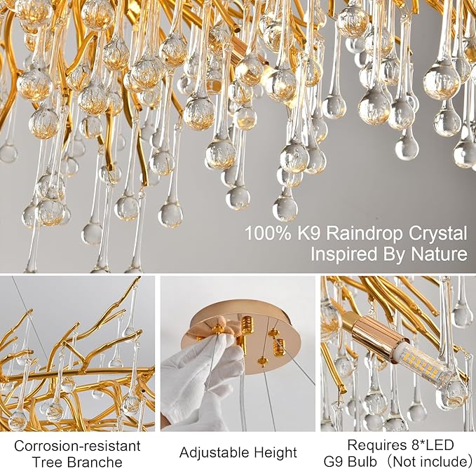Gold Chandelier 24inch, Modern Crystal Chandeliers for Dining Room, Round Tree Branch Chandelier Ceiling Hanging Light Fixtures for Living Room,Bedrooms,Kitchen 8-Light
