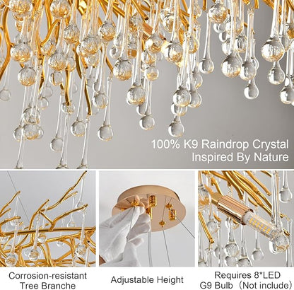 Gold Chandelier 24inch, Modern Crystal Chandeliers for Dining Room, Round Tree Branch Chandelier Ceiling Hanging Light Fixtures for Living Room,Bedrooms,Kitchen 8-Light