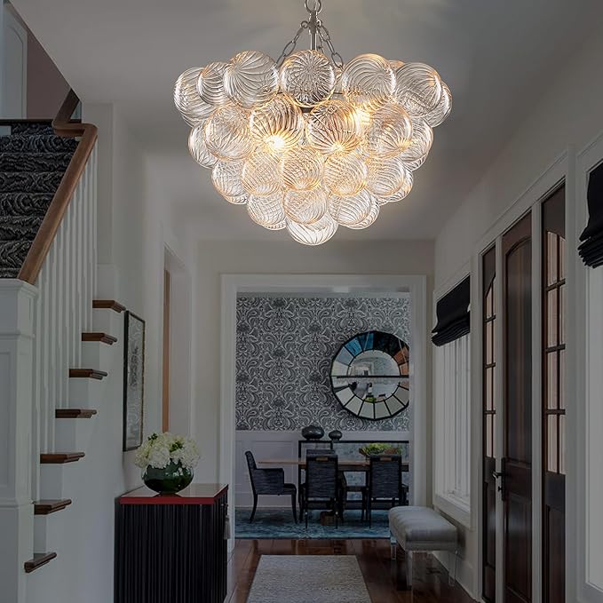 Hand Blown Glass Bubble Ball Chandelier Nickel-Plated 20" Small Pendant Lights Swirled Art Deco Cluster Ribbed Globe Blown Glass Chandeliers for Dining Room Bathroom Entry Bedroom