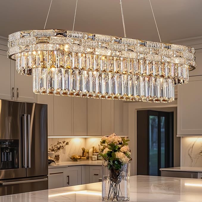 34.3" L Modern Crystal Chandeliers for Dining Room 12 Lights Gold Chandelier Large Luxury Chandelier Pendant Light Fixture, Kitchen Island,Entryway,Living Room 34.3" L x 8.7" H