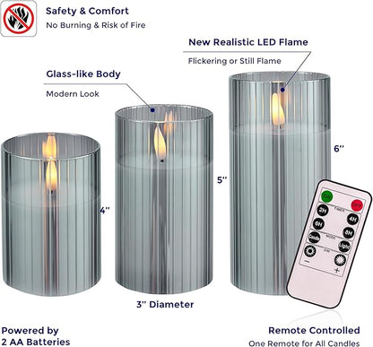 VENTA Flickering Flameless Candles With Remote Control - Led Candles Battery Operated - Battery Operated Candle For Decoration Table, Timer & Dimmer Features, Set - 3Pcs (4",5",6") (Grey Ribbed Glass)