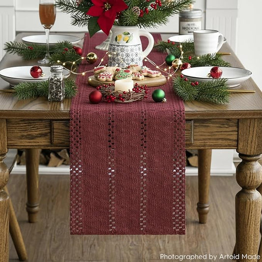 Artoid Mode Red Farmhouse Woven Rustic Hollow Table Runner, Seasonal Holiday Hollow Kitchen Dining Table Decoration for Home Party Decor 12x90 Inch