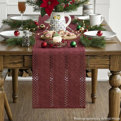 Artoid Mode Red Farmhouse Woven Rustic Hollow Table Runner, Seasonal Holiday Hollow Kitchen Dining Table Decoration for Home Party Decor 12x60 Inch