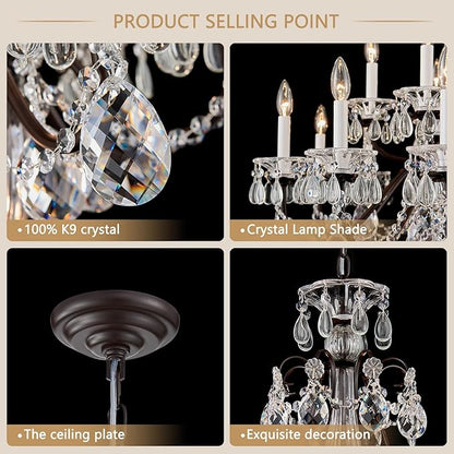 Vintage 2 Layers Crystal Chandelier for High Ceilings, 18-Light Brown Chandelier, Pendant Ceiling Light Fixture for Living Room Hallway Lobby Foyer Entrance Hotel Banquet Hall, Dia 37"
