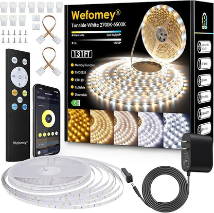 Wefomey White LED Strip Lights, Dimmable Bright 24V Flexible Tape Light with Remote and App Control, UL-Listed Power Supply, 2700K-6500K White Lights for Bedroom (1 Rolls of 131ft)