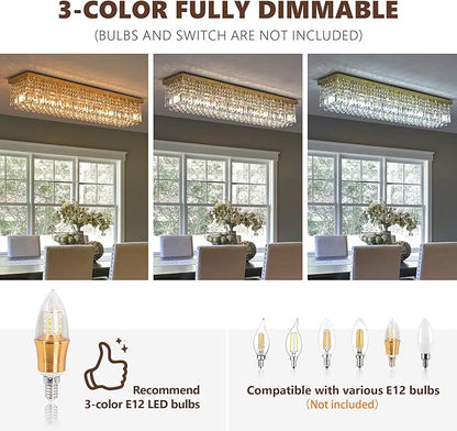 Gold Chandeliers,10-Lights Modern Crystal Chandelier, Rectangular Flush Mount Chandelier,Pendant Light Fixture for Dining Room Kitchen Room Bedroom Bathroom Hotel