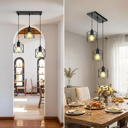 3 Light Pendant Lighting, Farmhouse Hanging Light Fixture for Kitchen Island & Dining Room, Industrial Vintage Ceiling Lamp with E26 Base, Adjustable Height, Matte Black