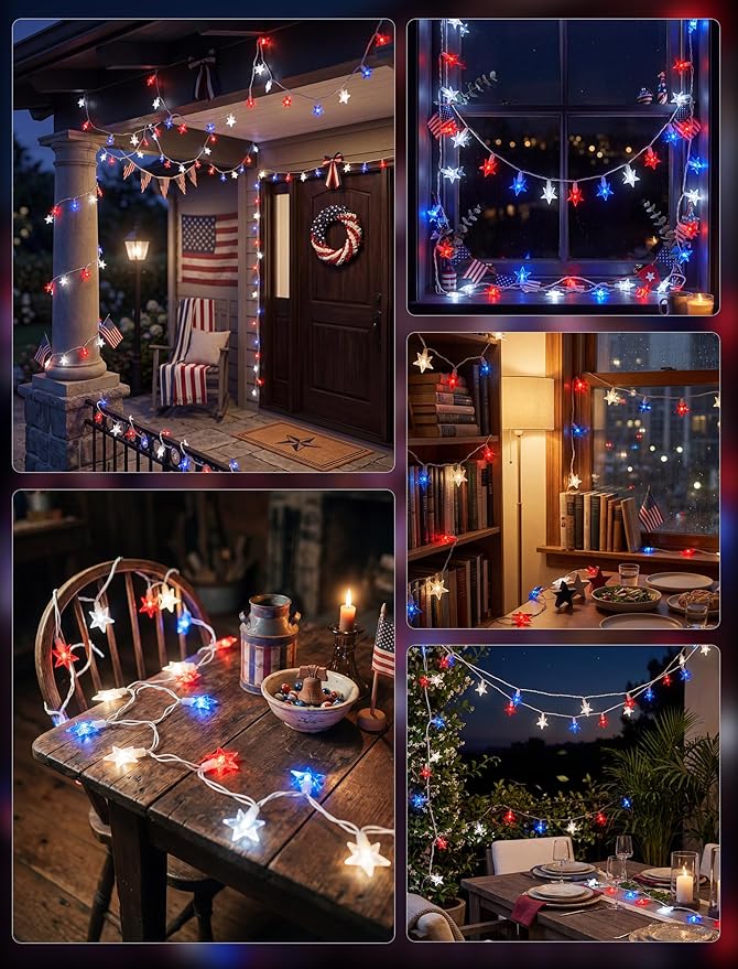 4th of July Decorations Star String Lights, 13.6Ft Red White Blue Patriotic Lights with 35 LED Stars, Waterproof Plug in Fairy String Lights for Memorial Day Independence Day Outdoor Indoor Decor