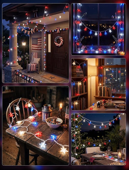 4th of July Decorations Star String Lights, 13.6Ft Red White Blue Patriotic Lights with 35 LED Stars, Waterproof Plug in Fairy String Lights for Memorial Day Independence Day Outdoor Indoor Decor