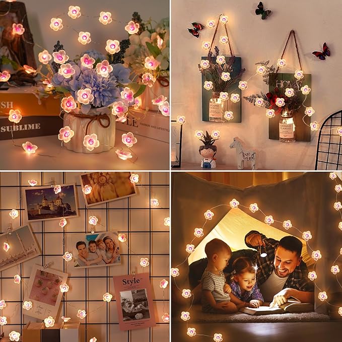 OMIKA Battery Operated String Lights Indoor, 16.5FT 50 LED Cherry Blossom Bedroom Lights, Warm White Flower Light Decorative for Room Dressing Table Dorm Party Easter Girl Mom Gift Wedding Christmas