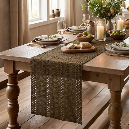 Artoid Mode Light Coffee Farmhouse Woven Rustic Hollow Table Runner, Seasonal Holiday Hollow Kitchen Dining Table Decoration for Home Party Decor 12x108 Inch