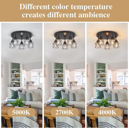 5-Lights Kitchen Light Fixtures Ceiling Mount, Adjustable Multi-Directional Black Flush Mount Ceiling Light, Retro Metal Cage Farmhouse Close to Ceiling Light Fixture for Hallway Dining Room Entryway