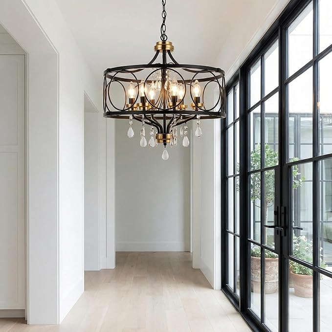 Modern Chandelier Black Metal Crystal Hanging Light 6 Light Dining Room Pendant Lighting Fixture for Farmhouse Bedroom Living Room Kitchen Entryway E12 Bulbs Not Included