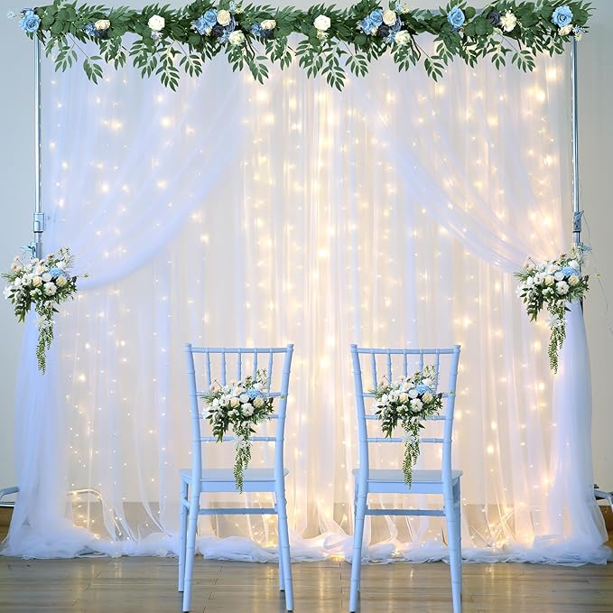 20×15ft White Tulle Backdrop Curtain with Lights String for Parites Sheer Fabric Backdrop Curtains White Backdrop Drapes for Wedding Baby Shower Birthday Party Photo Shoot Background 4 Panels 5ft×15ft