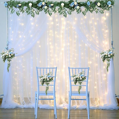 20×15ft White Tulle Backdrop Curtain with Lights String for Parites Sheer Fabric Backdrop Curtains White Backdrop Drapes for Wedding Baby Shower Birthday Party Photo Shoot Background 4 Panels 5ft×15ft