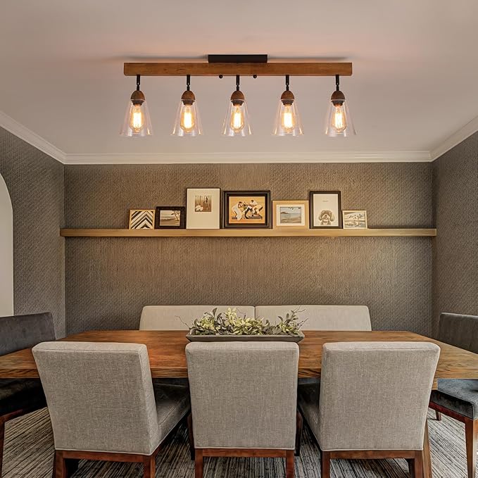 5-Light Large Rustic Farmhouse Wood Flush Mount Ceiling Light Fixture Clear Seeded Glass Shade and Oak Wood Track Semi Flush Mount Ceiling Light for Kitchen Living Room Bedroom Indoor, Black
