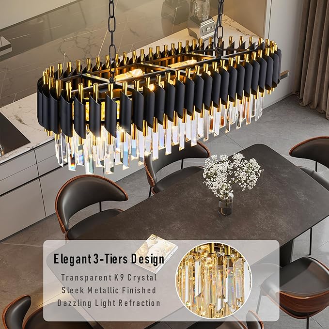 Modern Rectangular Chandelier Black and Gold Crystal Chandeliers for Dining Room 3 Tier 8-Light Oval Contemporary Ceiling Pendant Light Fixture for Kitchen Island Bar Living Room L33 inch