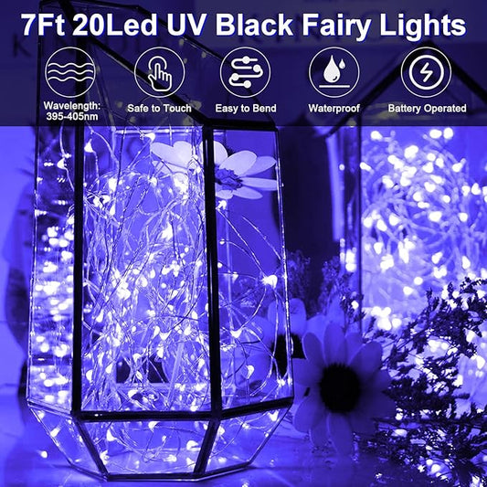 12 Pack Black Light Fairy Battery Operated UV Waterproof Silver Wire 7 Ft 20 Led Firefly Starry Moon Lights for DIY Glow Party Body Paint Halloween Decor