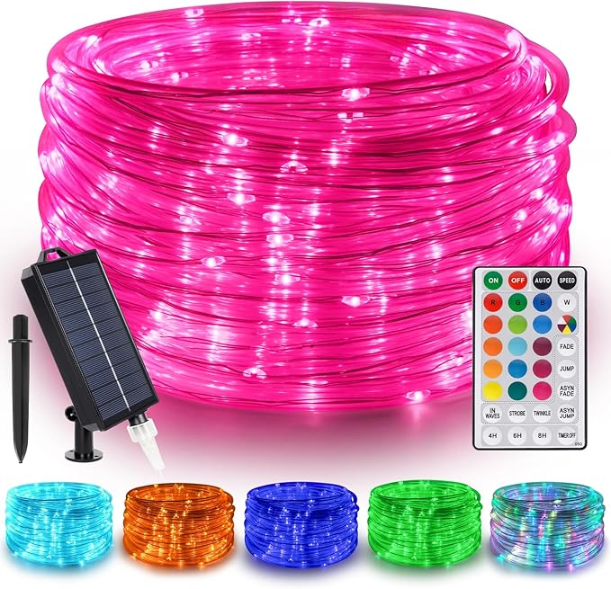 50FT 150 LED Solar Rope Lights, 18 Colors with Timer, 5 Modes, Waterproof Plug-in Remote Control Camping String Lights for Outside, Camping, Classroom, Party, Festival Decoration Solar Lights Outdoor
