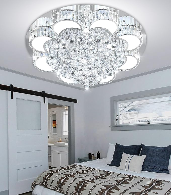 31.4" Silver Modern Crystal Chandeliers for Dining Room LED Dimmable Light Fixtures Flush Mount Light Living Room Bedrooms