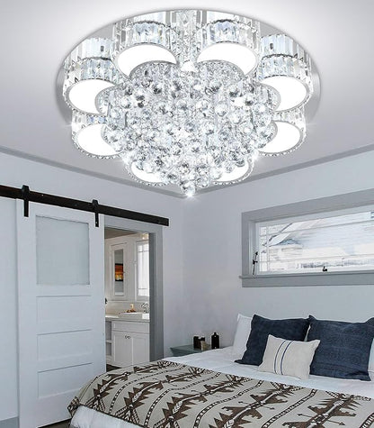 31.4" Silver Modern Crystal Chandeliers for Dining Room LED Dimmable Light Fixtures Flush Mount Light Living Room Bedrooms