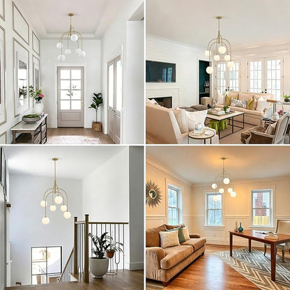 Mid Century Modern Chandelier, 6-Light Gold Globe Chandelier Milk Glass Chandelier Light Fixture, Adjustable Sputnik Hanging Pendant Light for Dining Room Entryway Kitchen Island, Bulbs Included