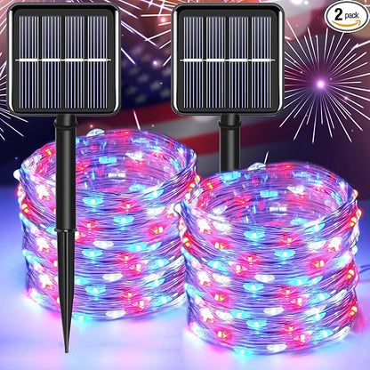 Memorial Day 4th of July Patriotic Decorations, Red White Blue Solar Fairy String Lights Outdoor Waterproof, 2Pack Total 200LED 66Ft, IP67 8 Modes Outside for Garden, Patio, Yard