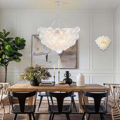 Hand Blown Glass Bubble Ball Chandelier White Finish 32" Pendant Light Fixture Art Deco Cluster Ribbed Glass Swirled Globe Lighting for Bedroom Dining Room Restaurant Bathroom Entry