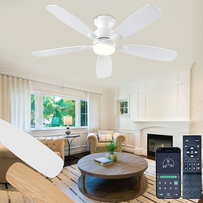 NKPU 52inch Ceiling Fans with Lights, Low Profile White Ceiling Fan with Light and Remote/APP Control, DC Reversible Motor, Noiseless, Flush Mount Ceiling Fan for Bedroom Living Room Patios