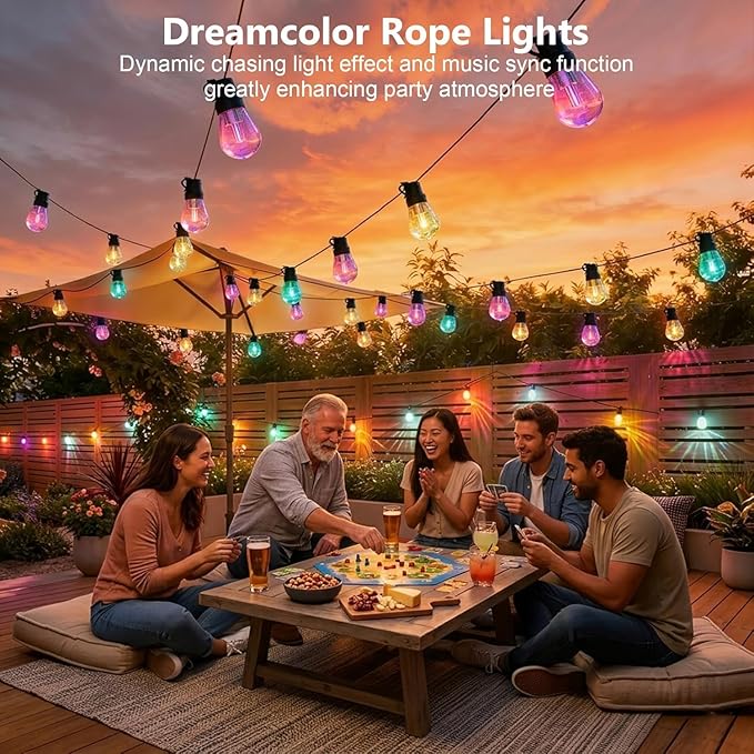 Beizelte Outdoor String Lights, 140FT RGB+IC Outside Light Dimmable Shatterproof LED Bulbs, IP67 Waterproof Chasing Effect Lighting DreamColor Patio Strip Lights for Backyard, Balcony, Outdoor Living