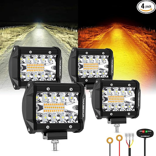 Auxbeam 6 Modes Amber White Series, 4 Packs LED Pod Lights Flash Strobe Warning Multi-Function, 4" 240W Spot Flood Combo LED Offroad Lights, for 4x4 4WD Truck Car Jeep Wrangler