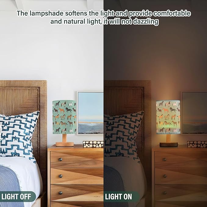 Horse Pattern on Blue Table Lamp with Wood Base Fabric Lamp Shade Bedside Nightstand Desk Lamp for Living Room Bedroom Kids Room Office