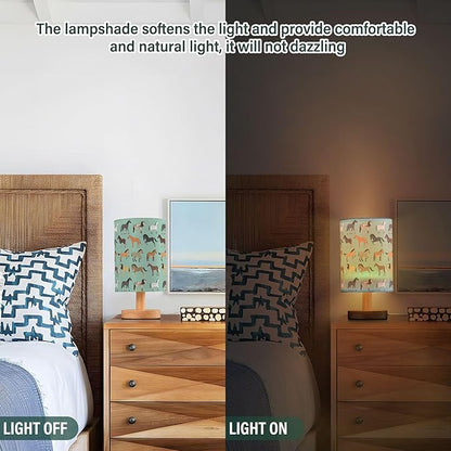 Horse Pattern on Blue Table Lamp with Wood Base Fabric Lamp Shade Bedside Nightstand Desk Lamp for Living Room Bedroom Kids Room Office