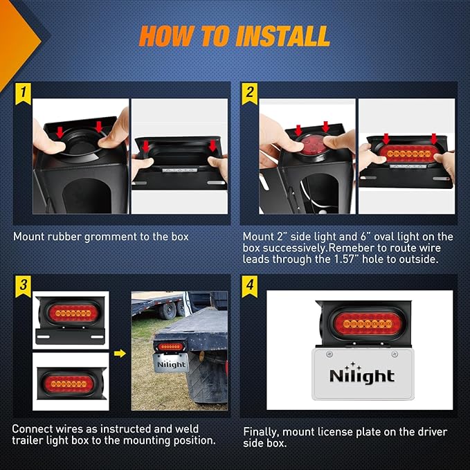 Nilight 2 PCS Steel Trailer Light Boxes Housing Kit 3LED License Plate Lights 6 Inches Oval Red Amber Tailight 2 Inch Round Side Marker Lamp Grommet Plugs for Truck Tractor Car