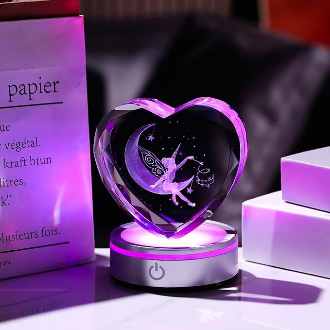 Qianwei Fairy Decor for Women 3D Crystal Heart - Laser Moon Gifts Glass Animals Fairy Lamp Figurines Statue Stuff for Room Decorations Night Light